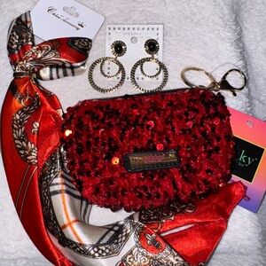 Red Sequin Keychain Pouch + Scarf + Statement Earrings Bundle